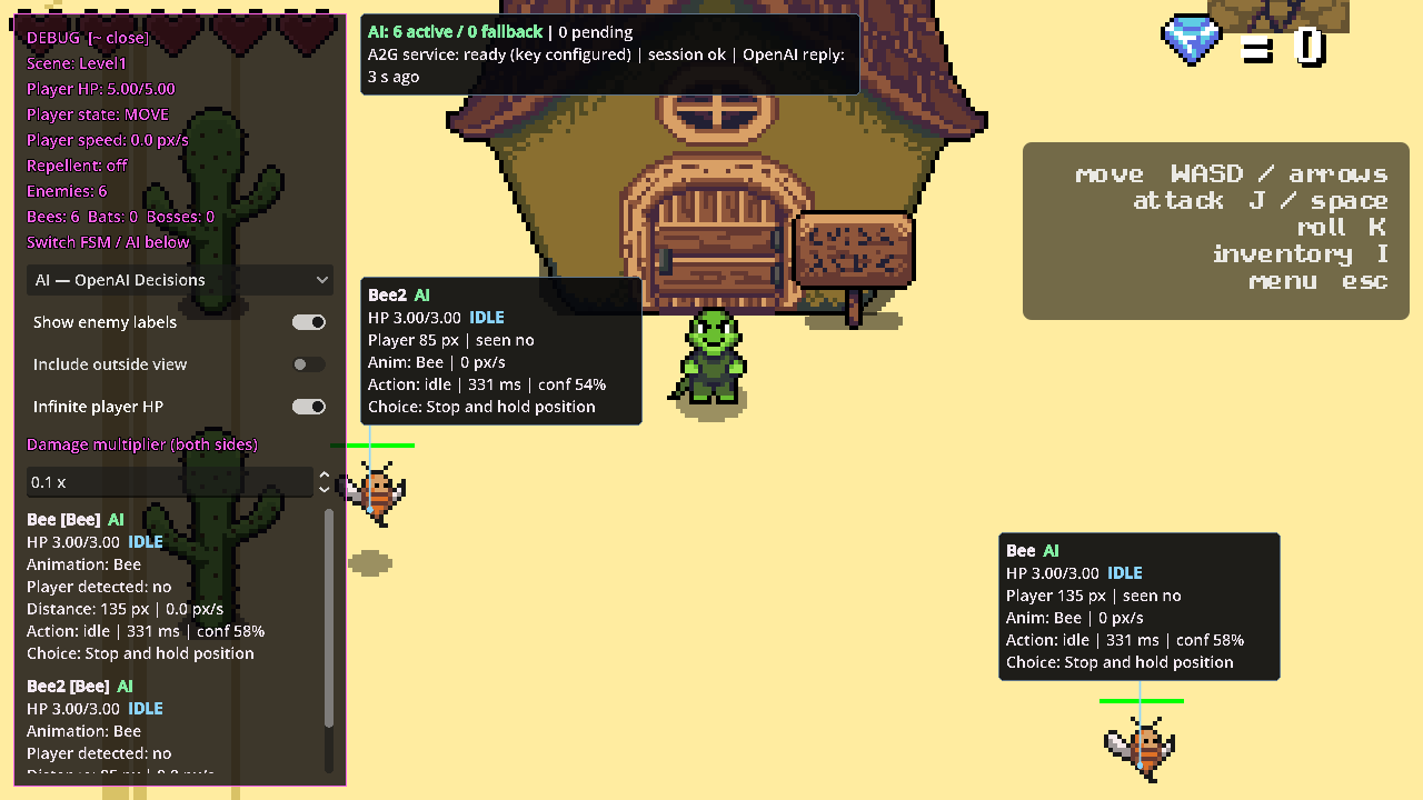 Lango with the A2G debug overlay: six bees under AI control